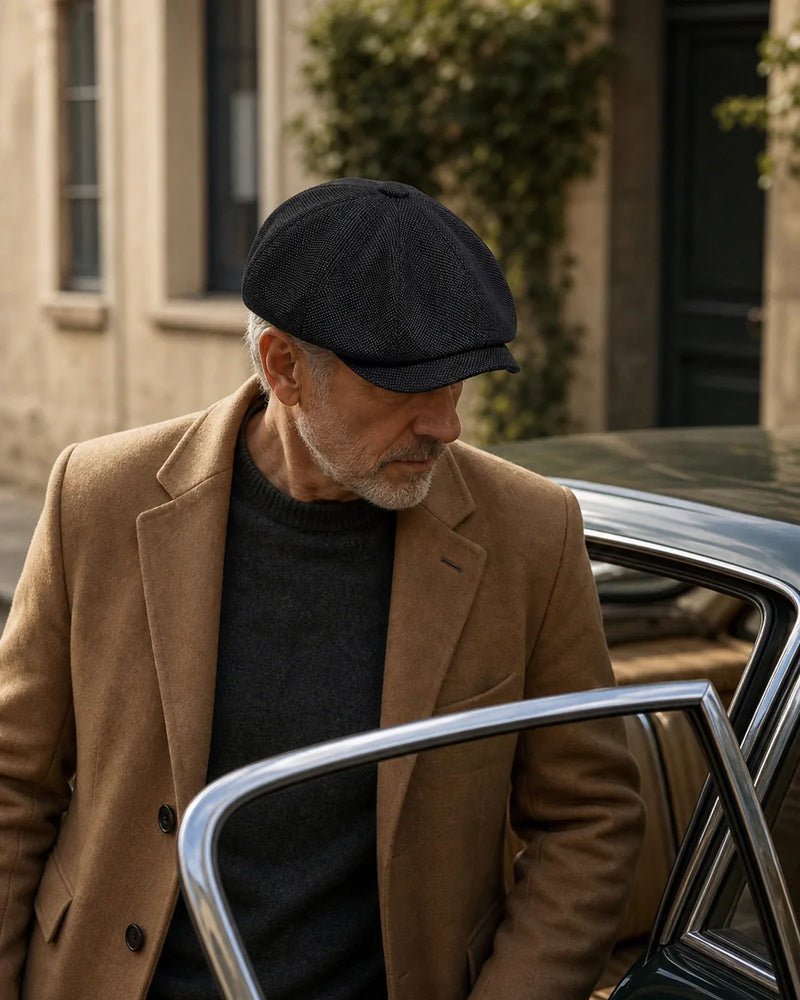 Boina Masculina Italiana Poliéster Black Cappel em look masculino com carro clássico
