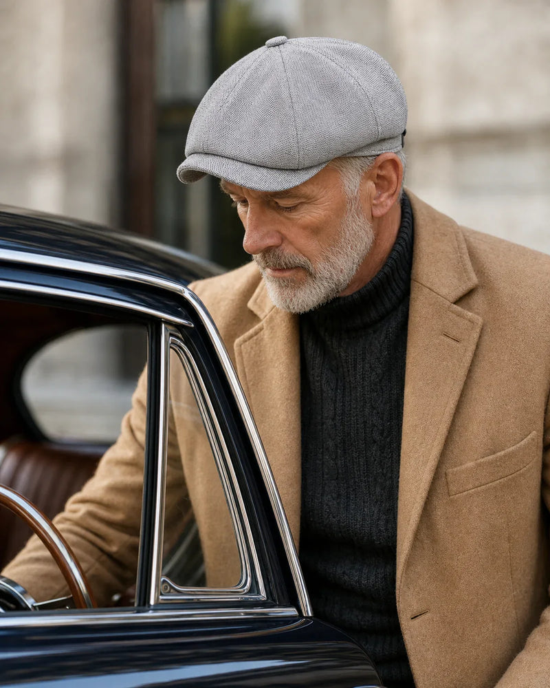 Boina Masculina Italiana Poliéster Grey Cappel em look masculino com carro clássico