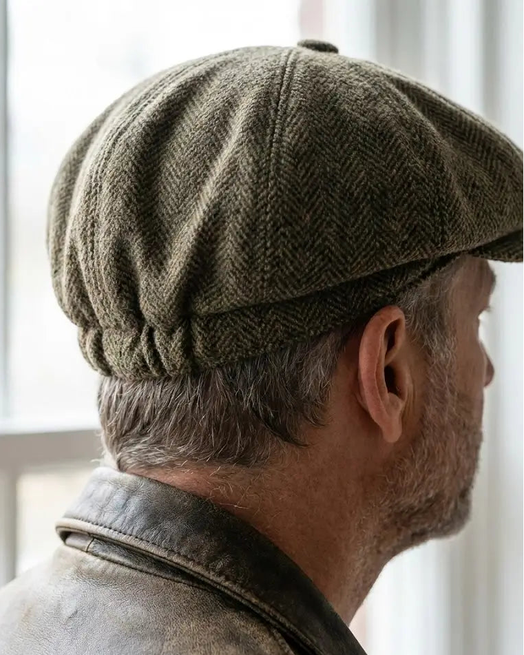 Detalhe macro do caimento traseiro de uma boina oitavada (Newsboy) de lã cinza. Mostra a textura do tecido espinha de peixe (herringbone) e o drapeado suave na nuca, evidenciando o conforto e a maleabilidade do modelo italiano Cappel.