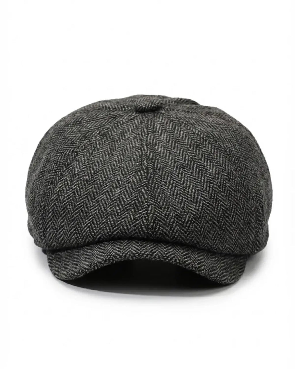 Close-up da Boina Peaky Blinders modelo Newsboy, detalhando a textura do tecido premium espinha de peixe e a estrutura de oito gomos com botão no topo.