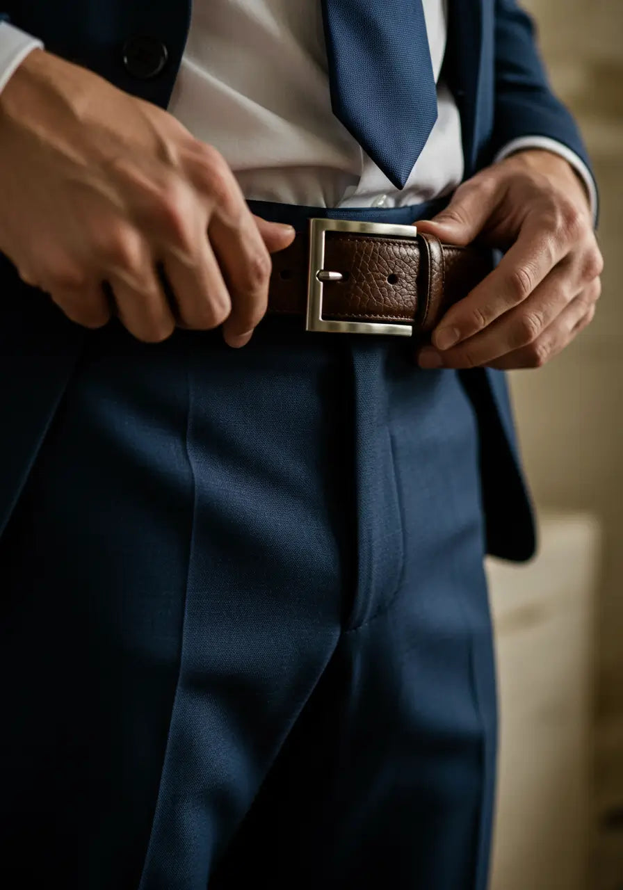 homem ajustando cinto de couro marrom Cappel com fivela metálica, em traje de alfaiataria azul, representando elegância clássica masculina