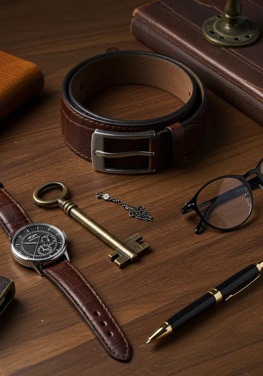 cinto de couro Cappel sobre mesa com relógio, chave e óculos, retratando estilo de vida refinado e atenção aos detalhes masculinos