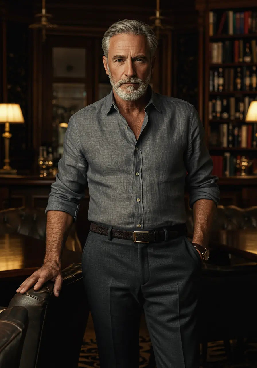 homem maduro usando cinto de couro Cappel em ambiente sofisticado, simbolizando elegância atemporal e confiança masculina