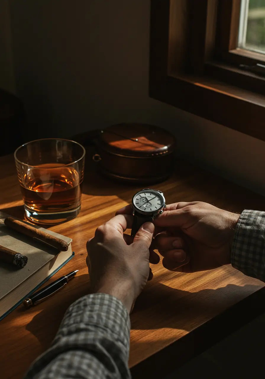 homem ajustando relógio Cappel sobre mesa de madeira ao lado de charuto e copo de whisky, retratando elegância e estilo atemporal masculino