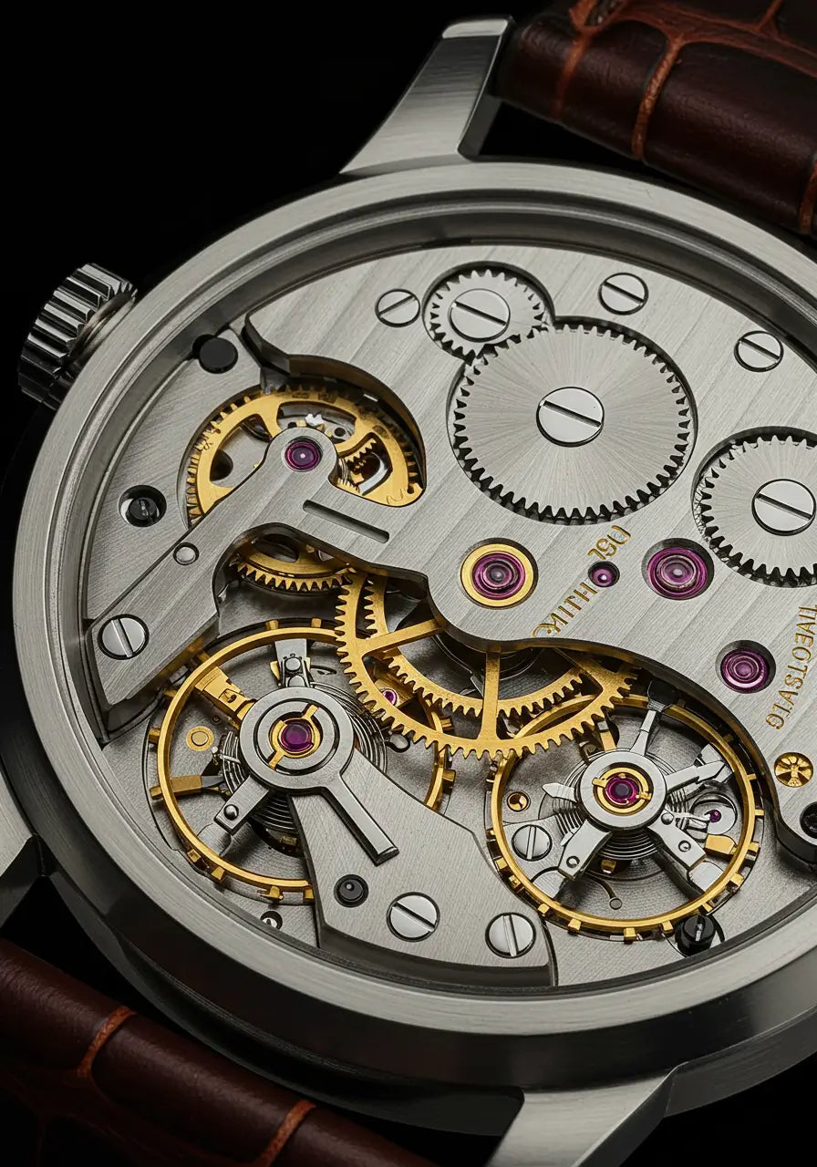 close do mecanismo interno de um relógio masculino Cappel com engrenagens douradas e detalhes metálicos, símbolo de precisão e engenharia europeia