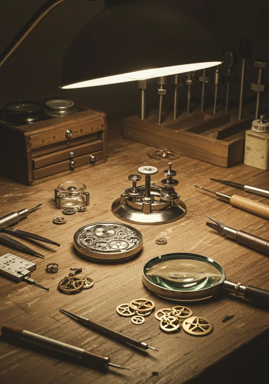 bancada de relojoeiro com ferramentas clássicas, engrenagens e lupa sob luz quente, representando a tradição artesanal da relojoaria Cappel