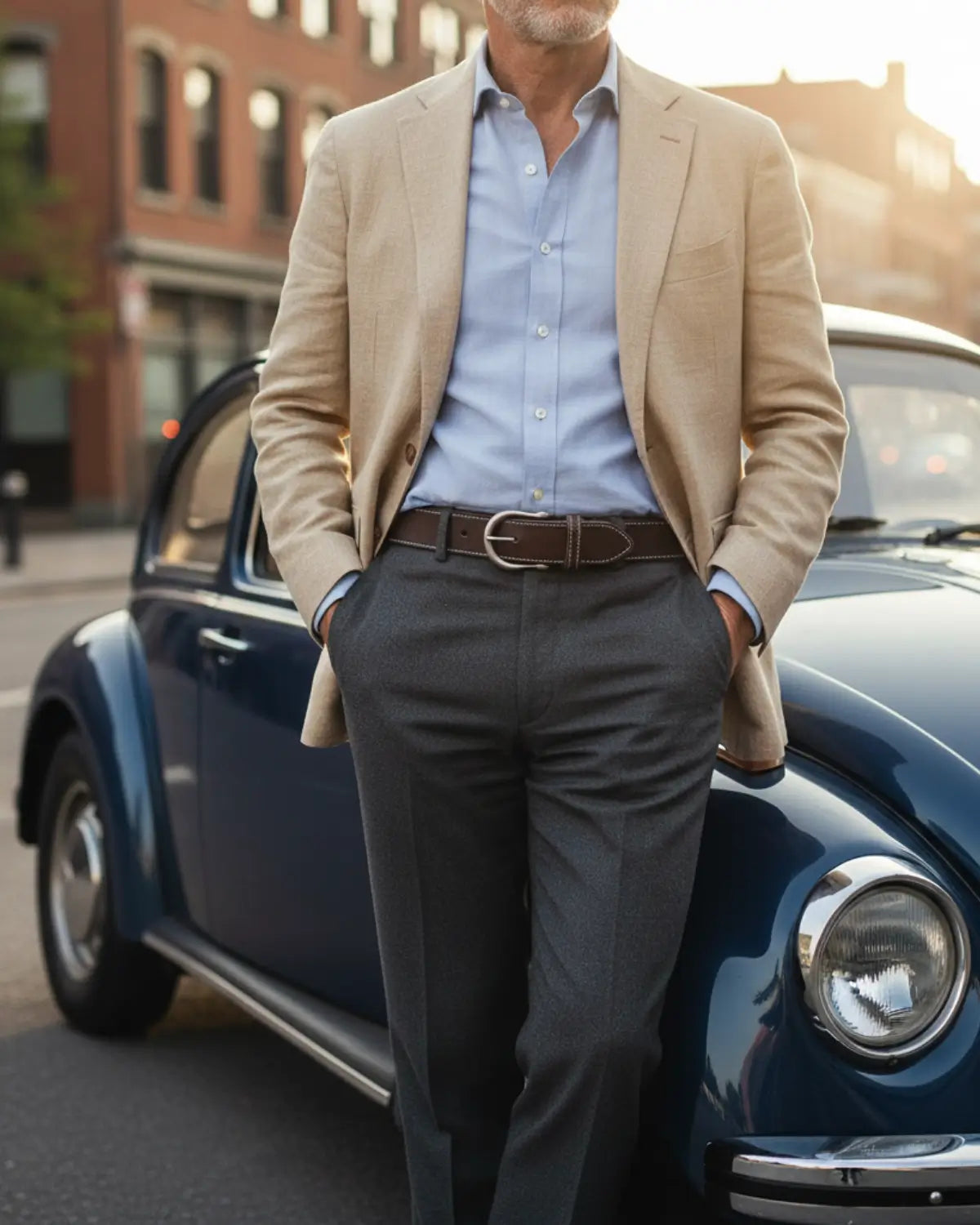 Look elegante com blazer bege e cinto de couro legítimo Coffee Hamilton