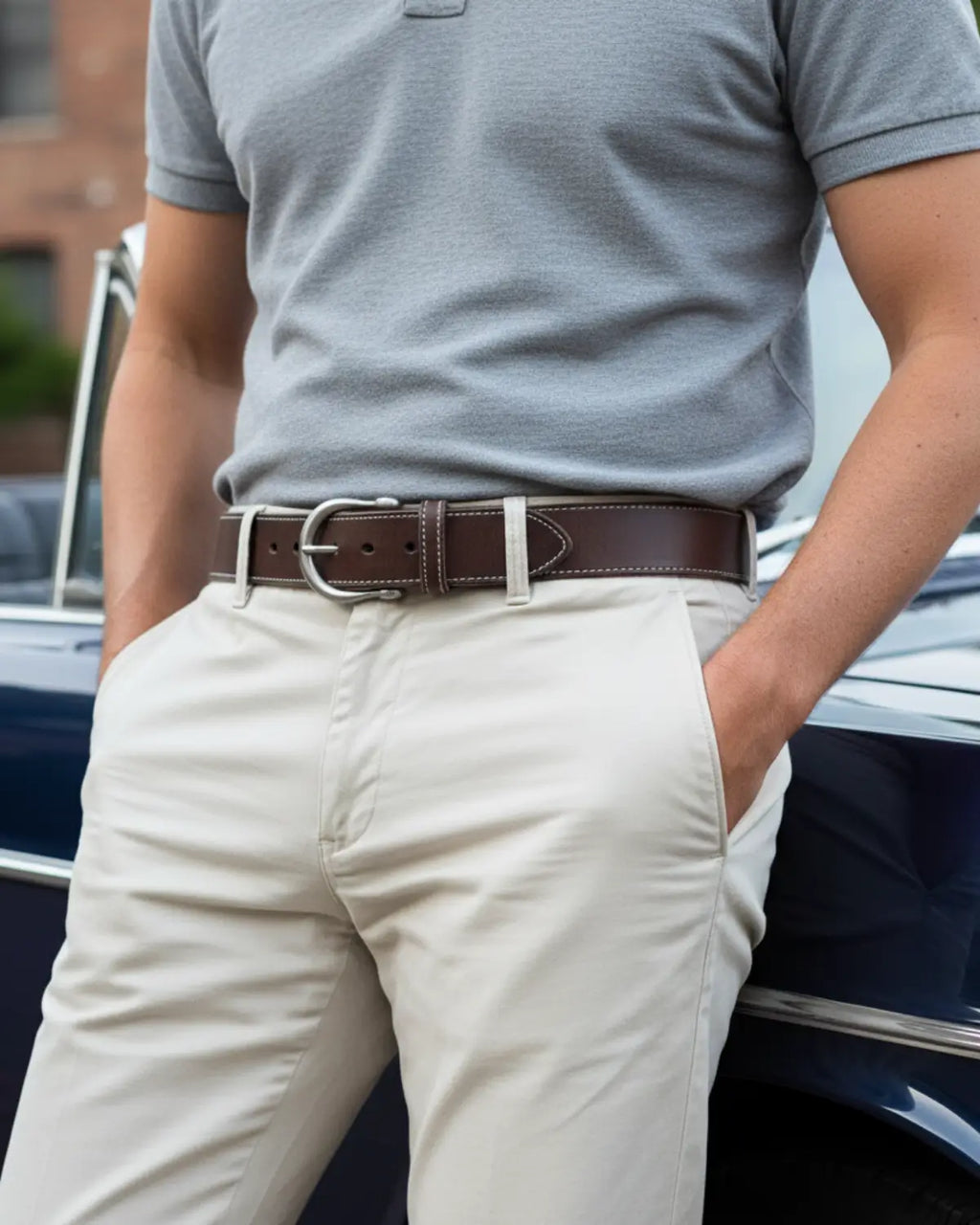 Look casual com polo cinza e cinto de couro marrom Coffee Hamilton