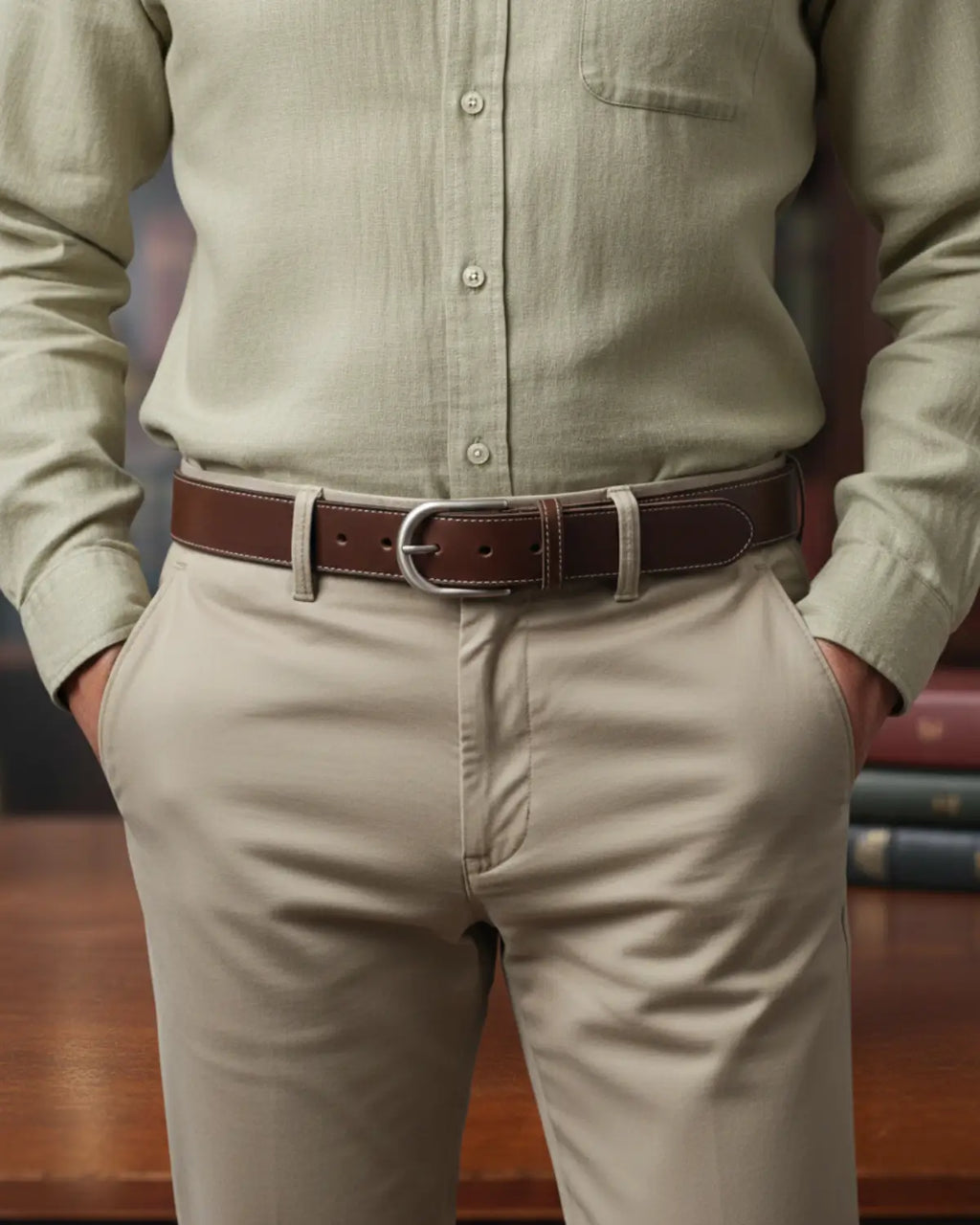 Homem vestindo camisa bege com cinto masculino de couro legítimo Coffee Hamilton