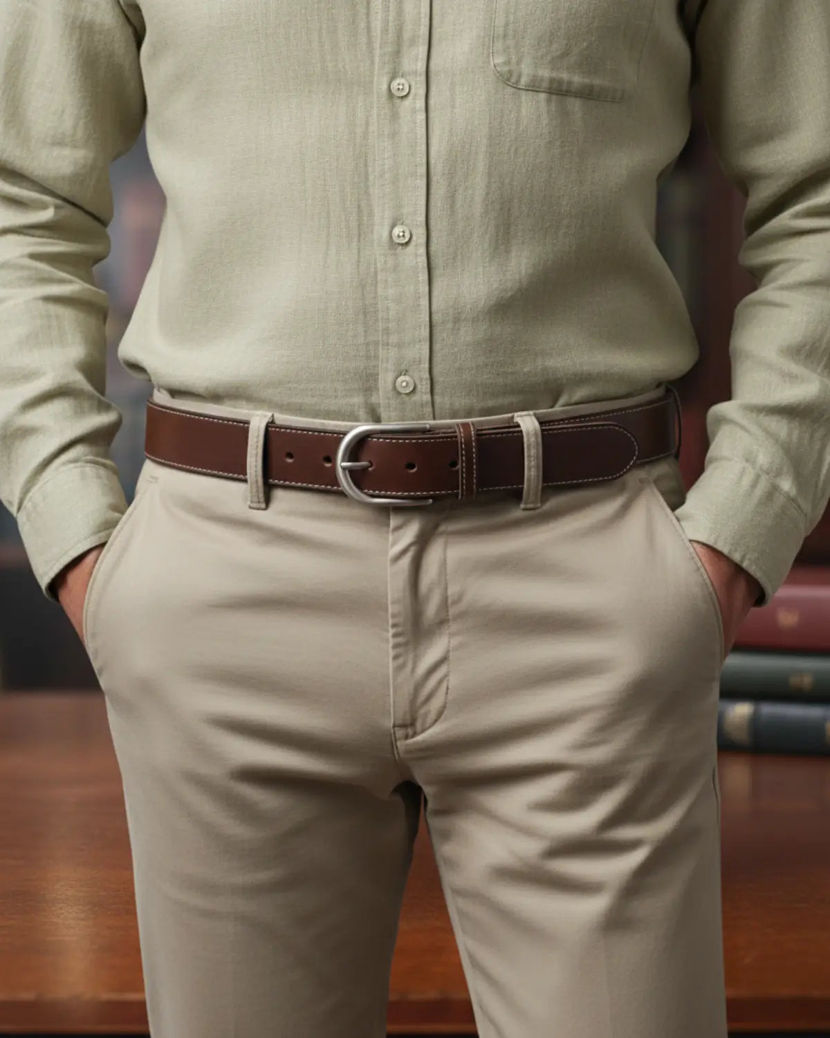 Homem vestindo camisa bege com cinto masculino de couro legítimo Coffee Hamilton