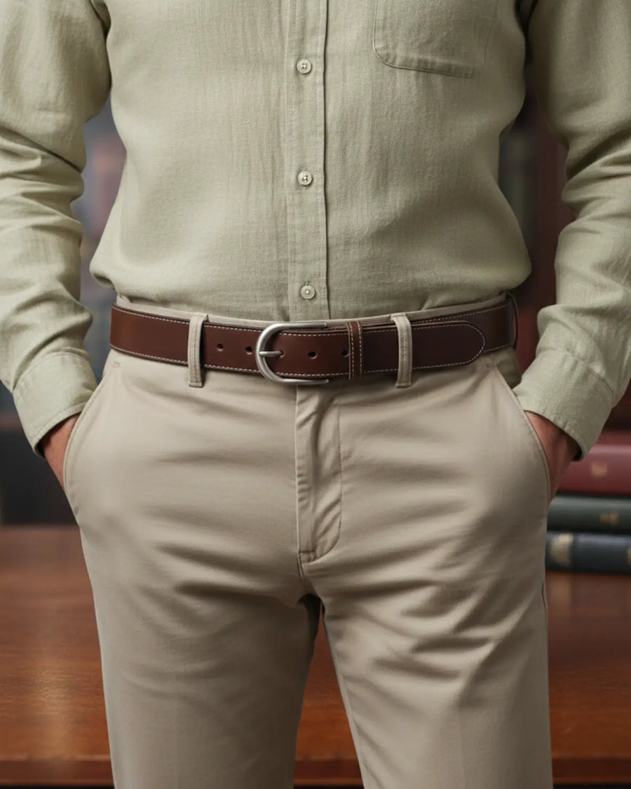 Homem vestindo camisa bege com cinto masculino de couro legítimo Coffee Hamilton