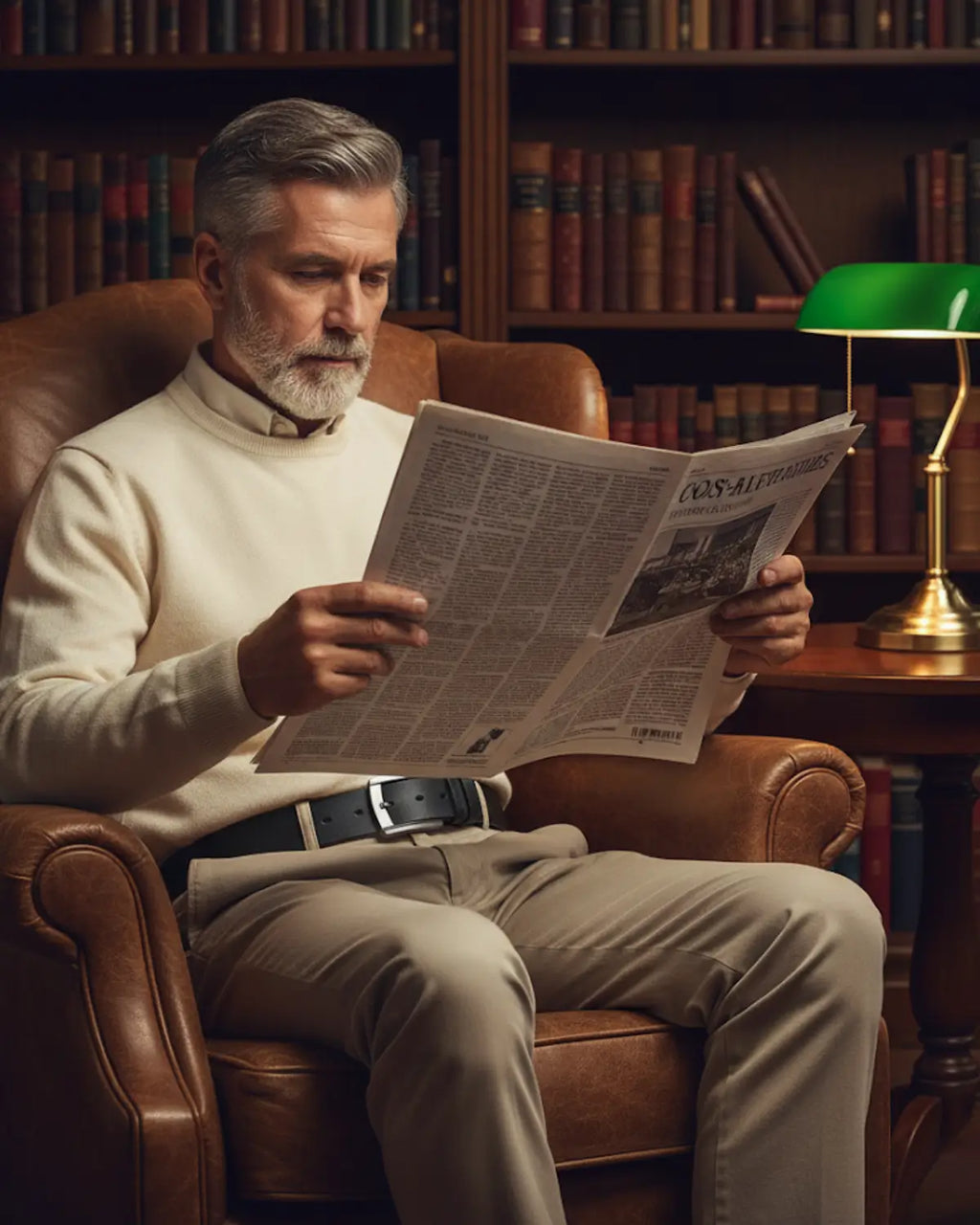 Homem elegante lendo jornal em poltrona marrom usando o Cinto Masculino Couro Legítimo Black Ashford