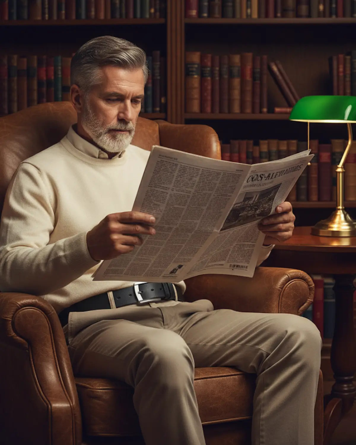 Homem elegante lendo jornal em poltrona marrom usando o Cinto Masculino Couro Legítimo Black Ashford