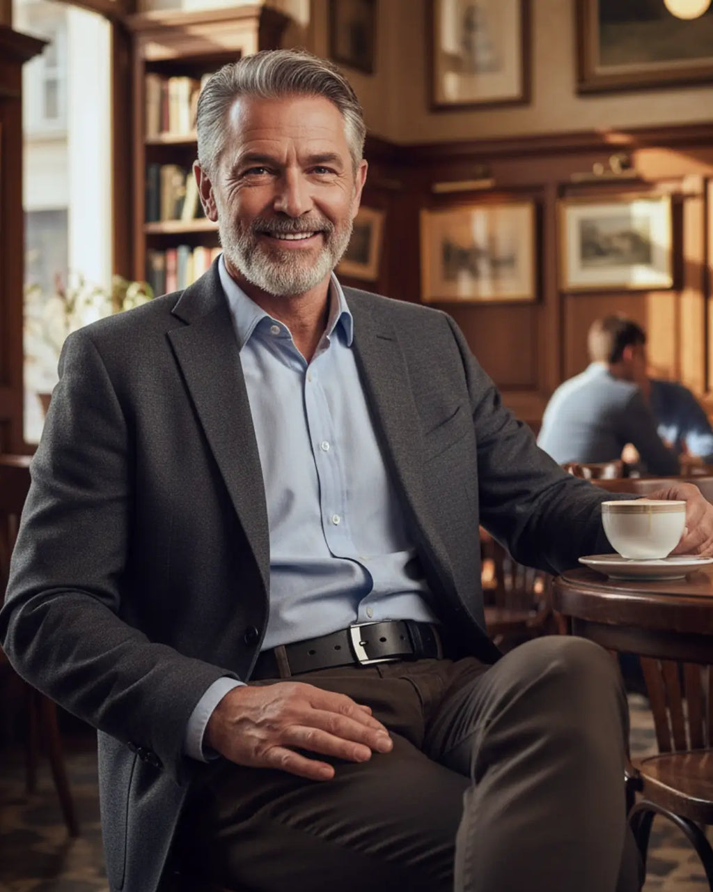 Homem de meia-idade com look casual sofisticado usando o Cinto Masculino de Couro Legítimo Black Ashford em ambiente de cafeteria