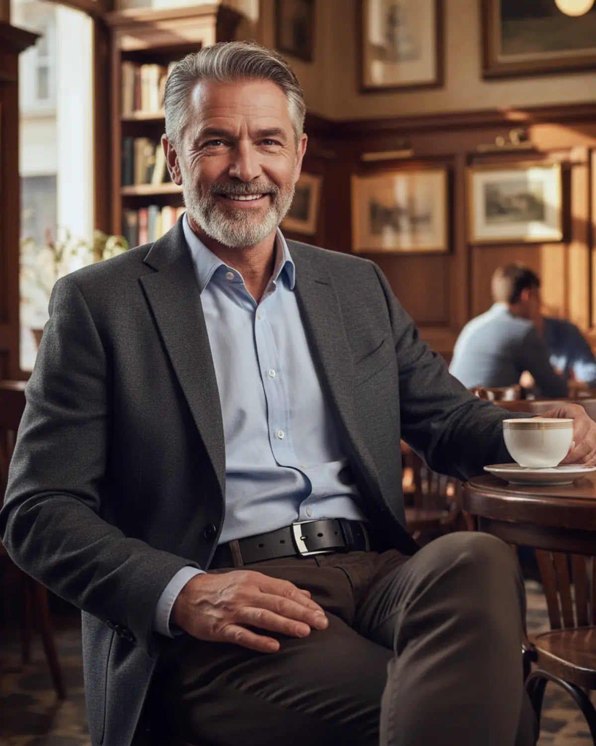 Homem de meia-idade com look casual sofisticado usando o Cinto Masculino de Couro Legítimo Black Ashford em ambiente de cafeteria