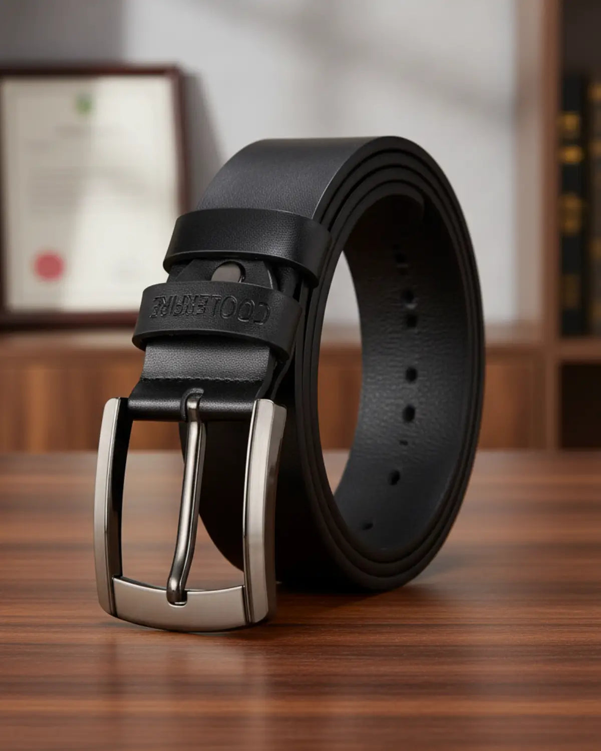 Cinto Masculino de Couro Legítimo Black Ashford com fivela metálica elegante sobre mesa de madeira