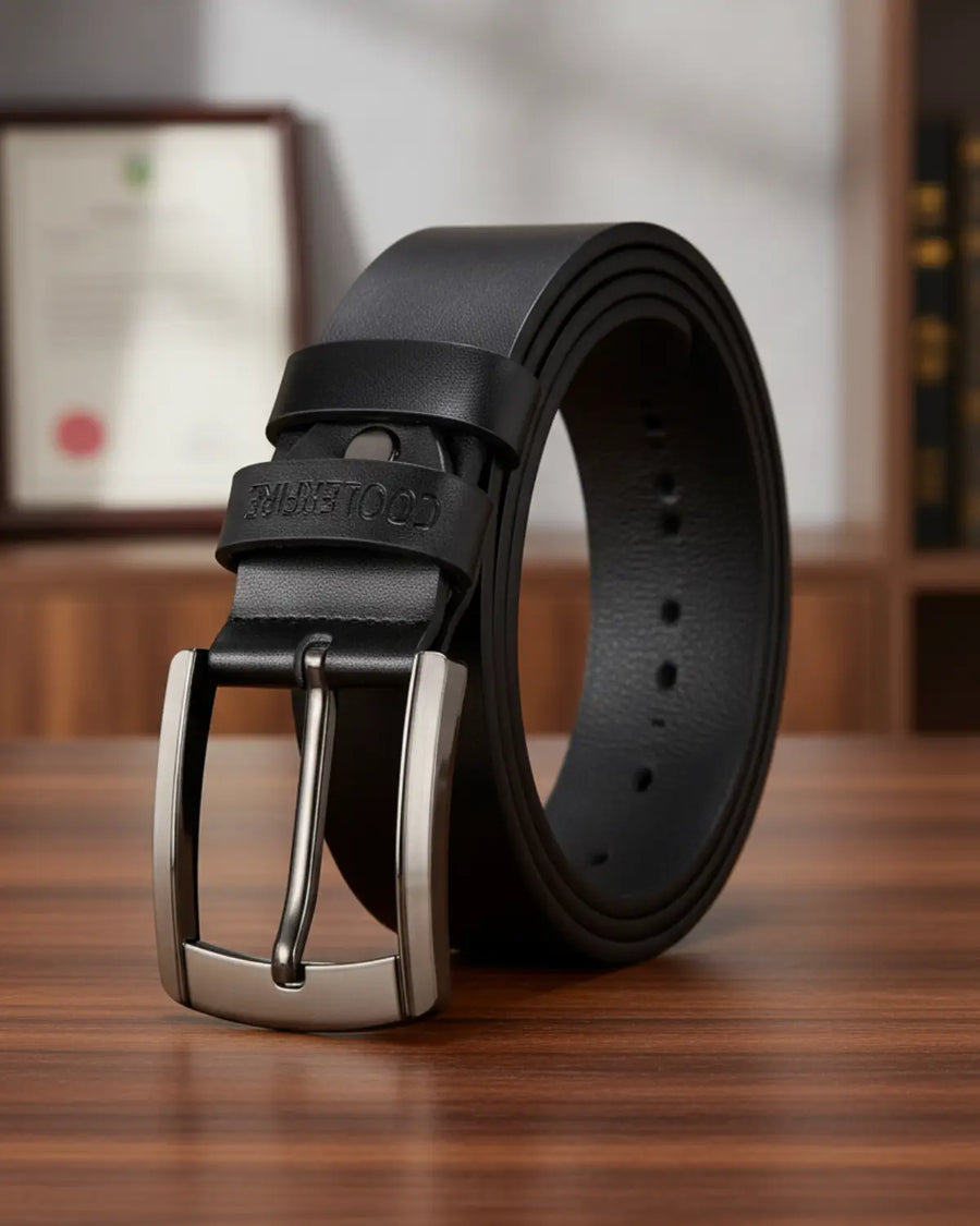 Cinto Masculino de Couro Legítimo Black Ashford com fivela metálica elegante sobre mesa de madeira