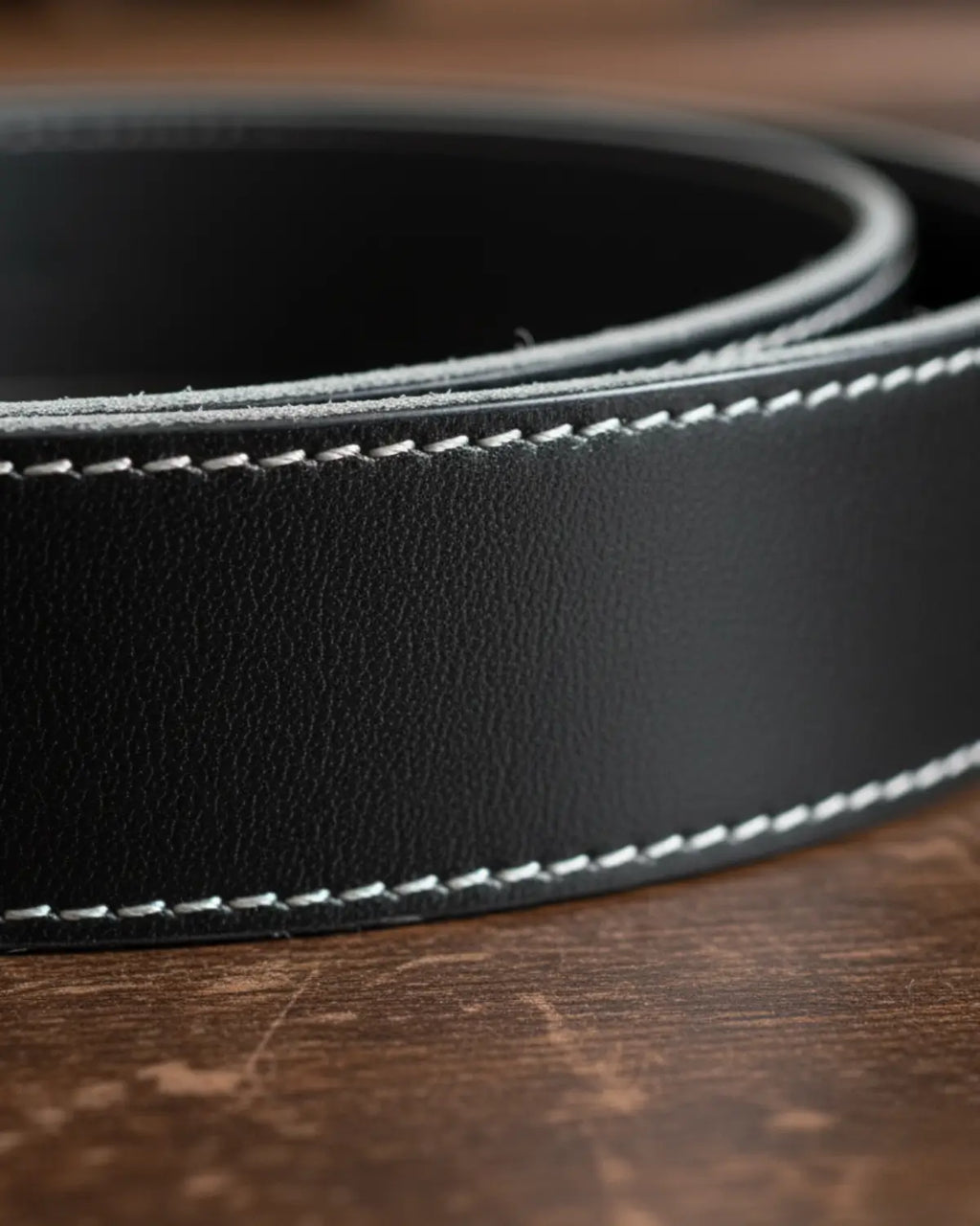 Close das costuras reforçadas do cinto masculino de couro legítimo preto Hamilton