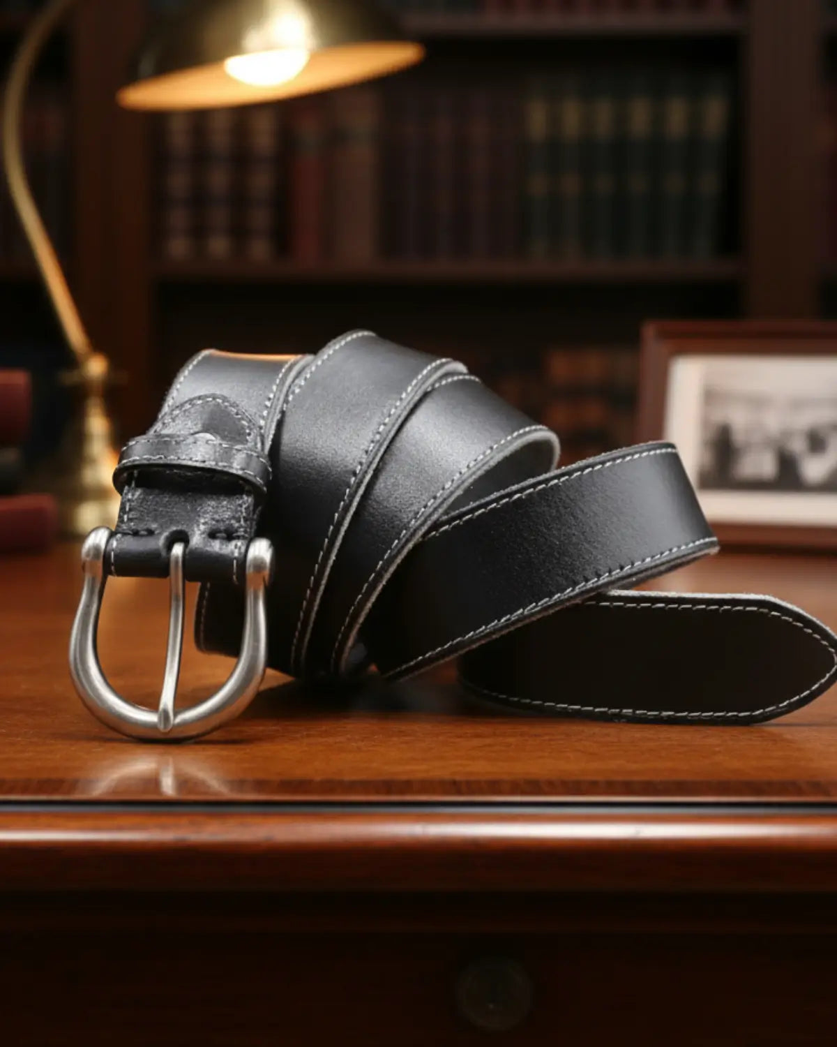 Cinto masculino de couro legítimo preto sobre mesa de madeira com fundo clássico e iluminação suave, fotografia editorial Cappel
