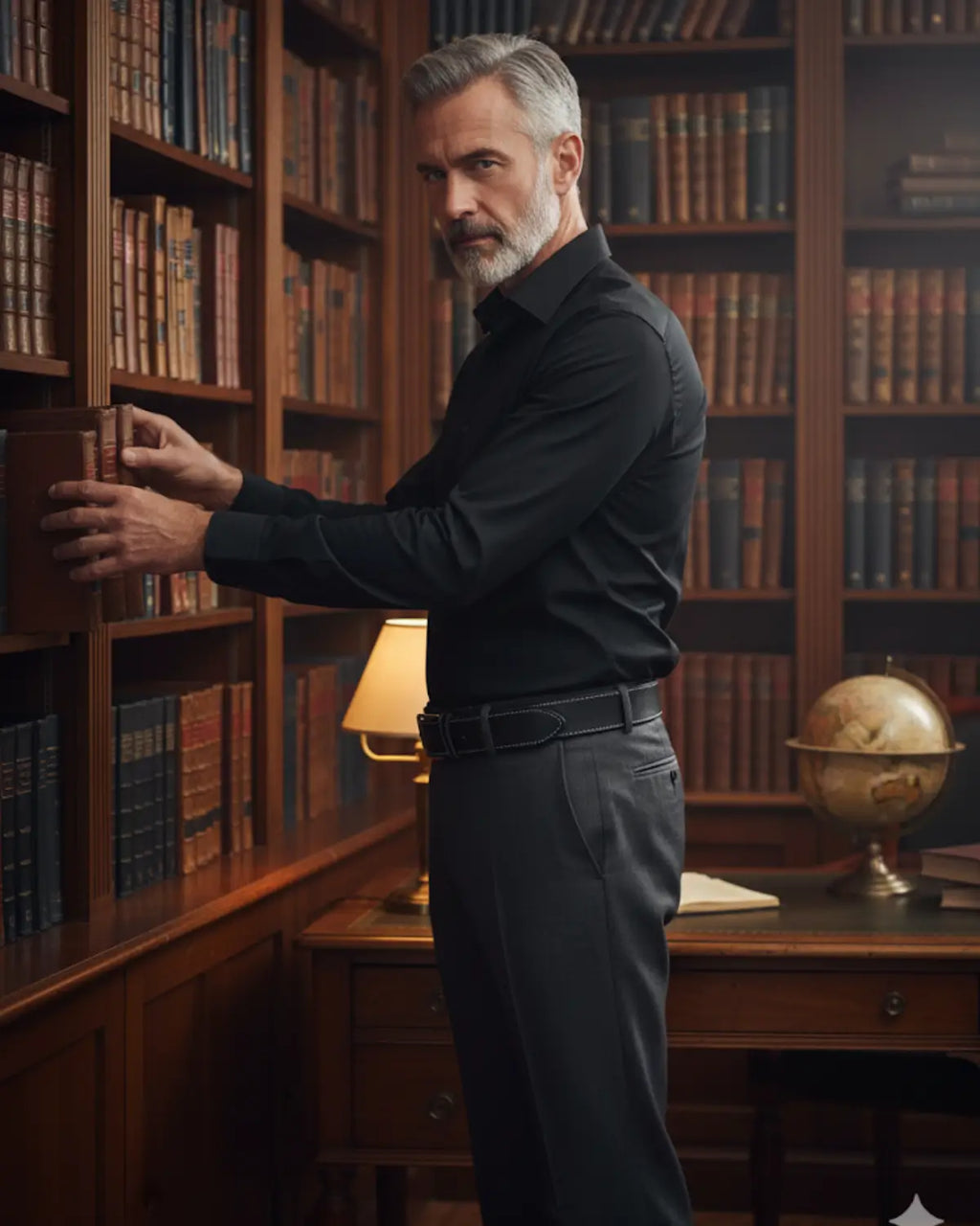 Homem maduro usando cinto masculino de couro legítimo preto em biblioteca de madeira com atmosfera sofisticada