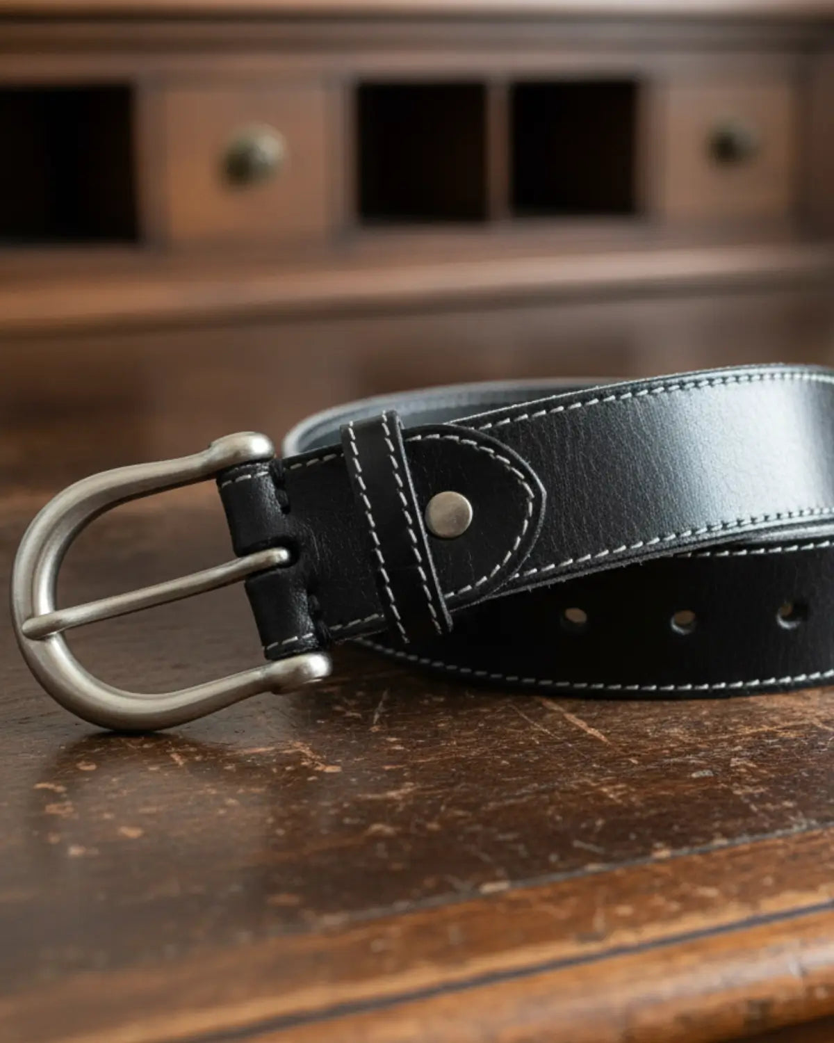 Fivela metálica prateada do cinto masculino de couro legítimo preto, sobre móvel de madeira rústico