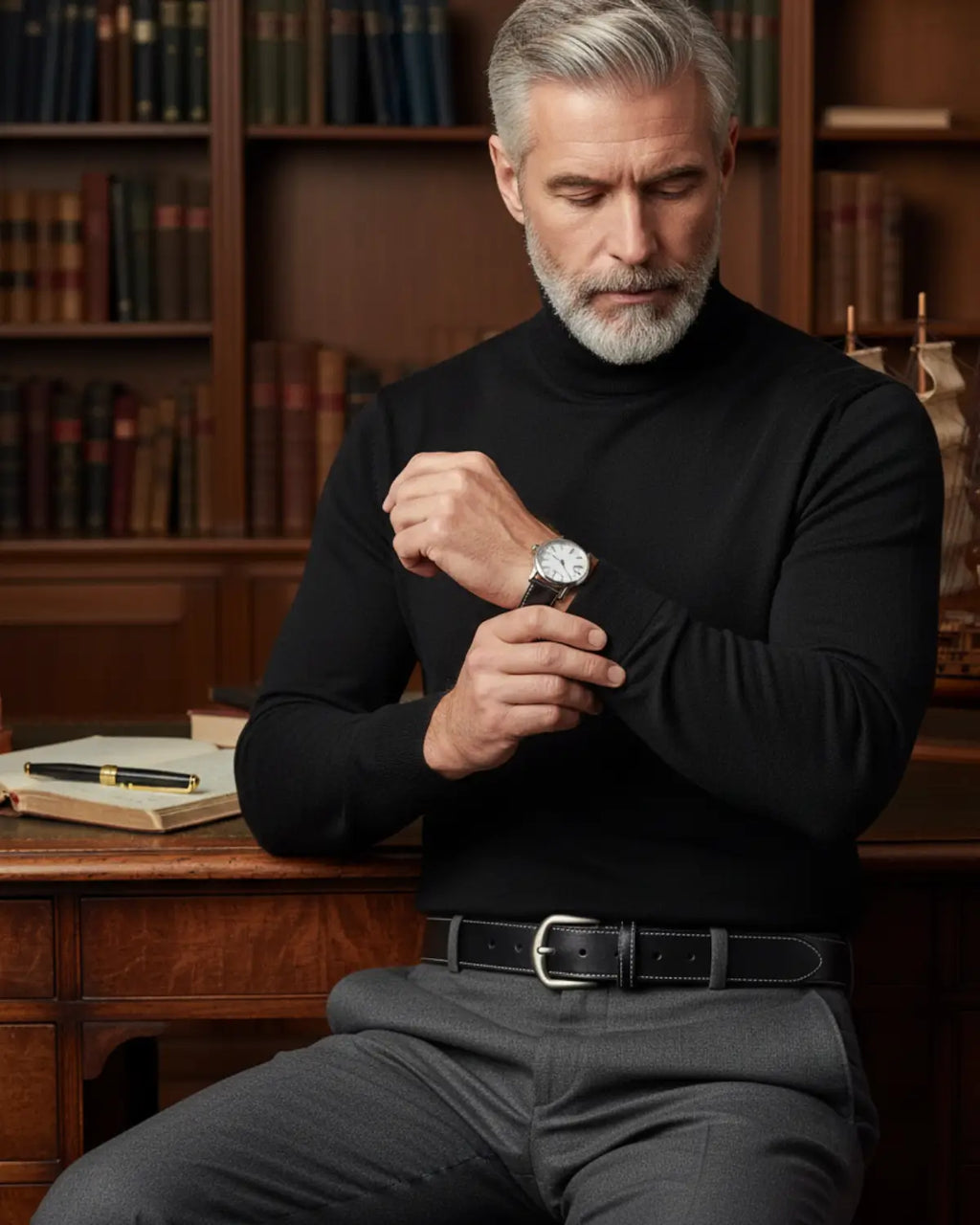 Homem maduro vestindo cinto de couro legítimo preto e suéter preto, olhando o relógio em ambiente clássico