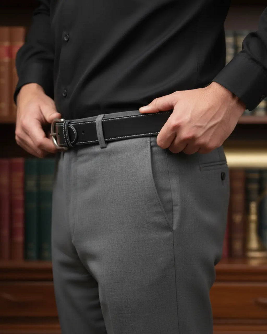 Homem ajustando cinto masculino de couro legítimo preto com camisa preta e calça de alfaiataria cinza