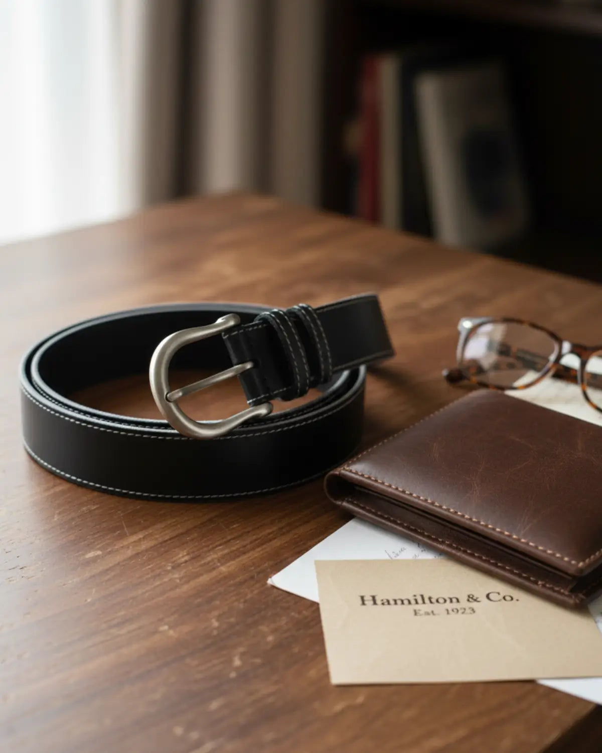 Cinto masculino de couro legítimo preto Hamilton ao lado de carteira marrom e óculos em ambiente sofisticado