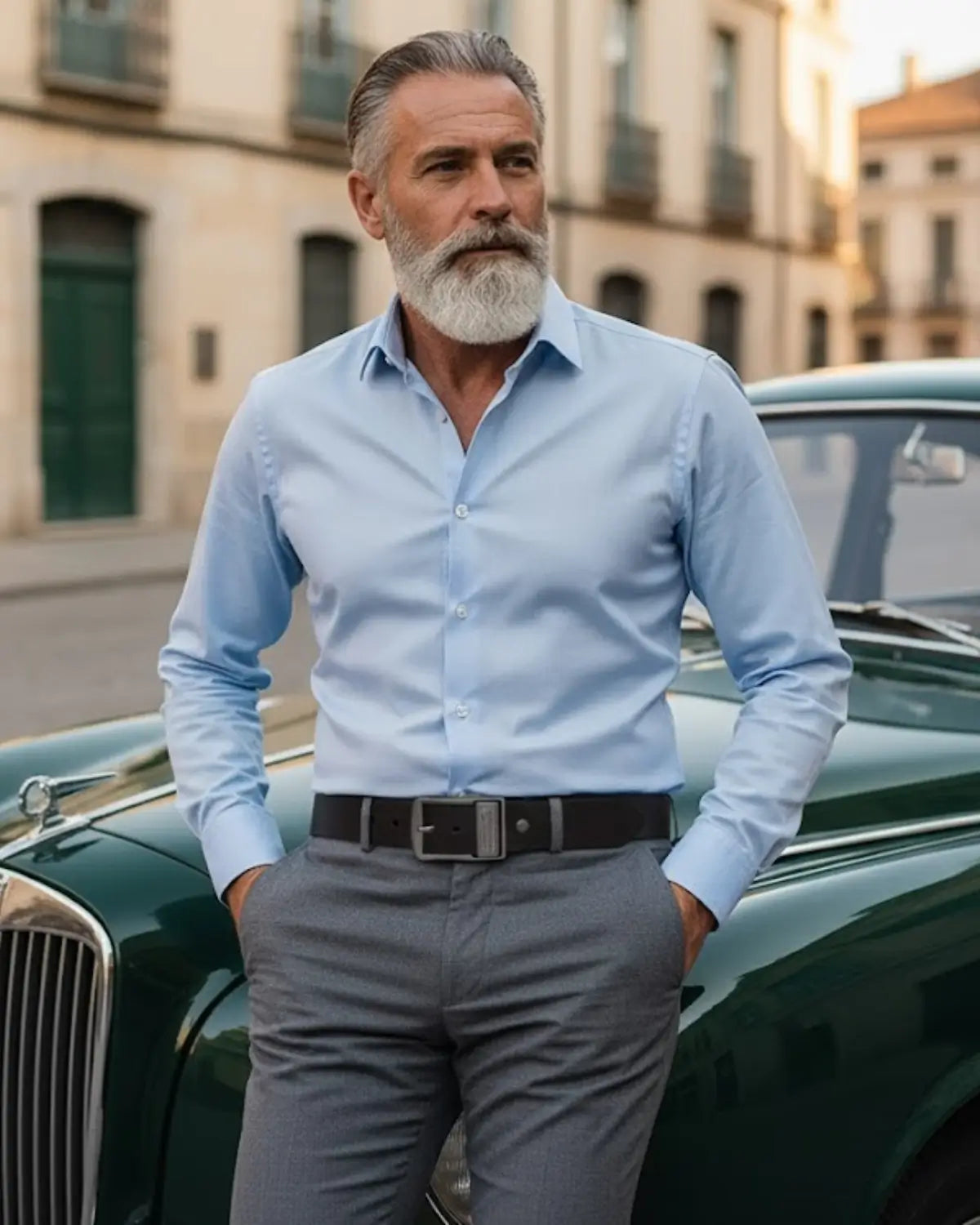 Homem de barba grisalha usando Cinto Masculino Couro Legítimo Black Royal diante de carro clássico verde — estilo europeu e confiança atemporal