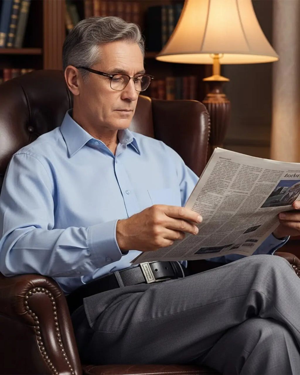 Homem maduro lendo jornal em poltrona de couro usando Cinto Masculino Couro Legítimo Black Royal — elegância e conforto em ambiente sofisticado