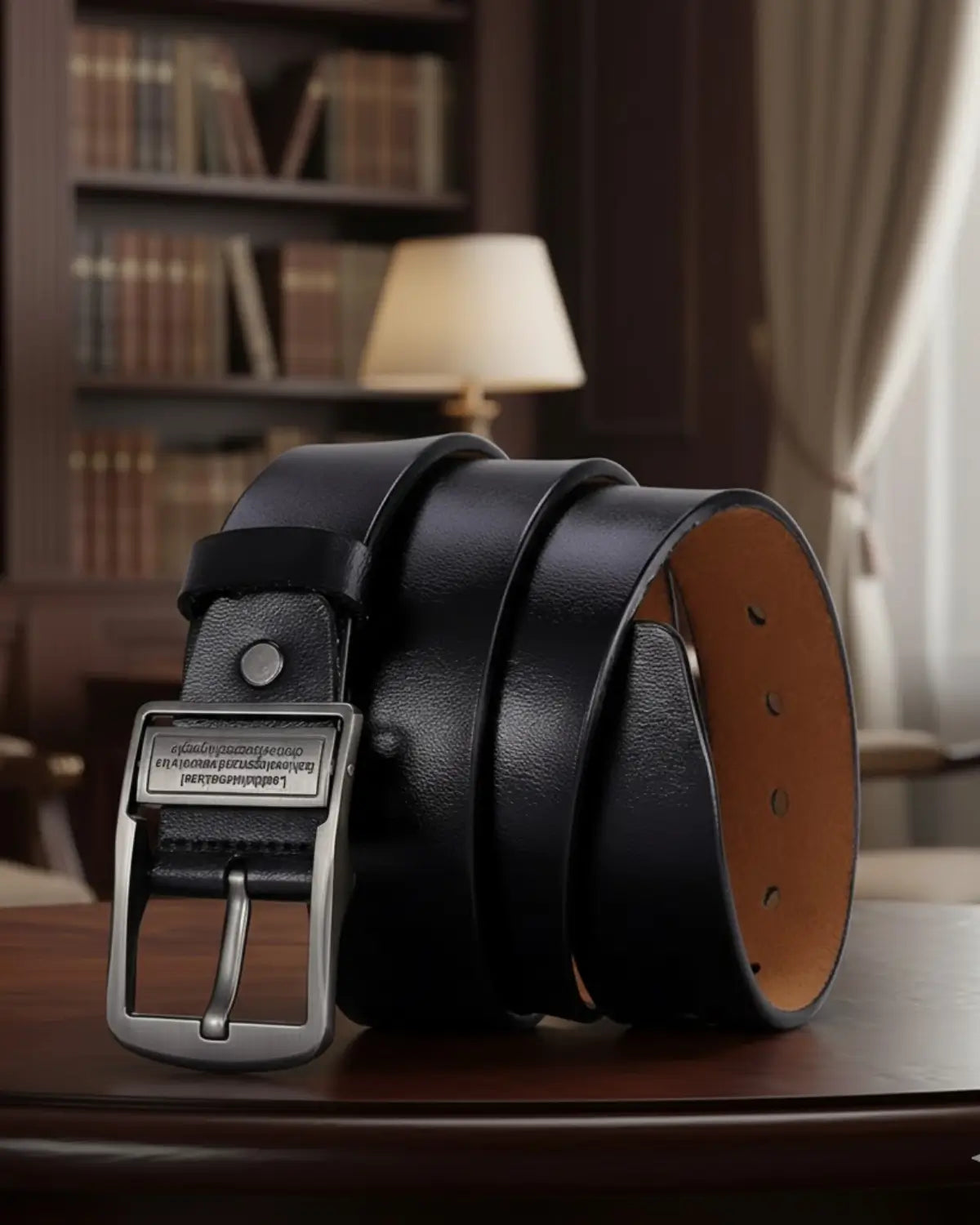 Cinto Masculino Couro Legítimo Black Royal com fivela metálica escovada sobre mesa de madeira em biblioteca — design refinado e acabamento premium