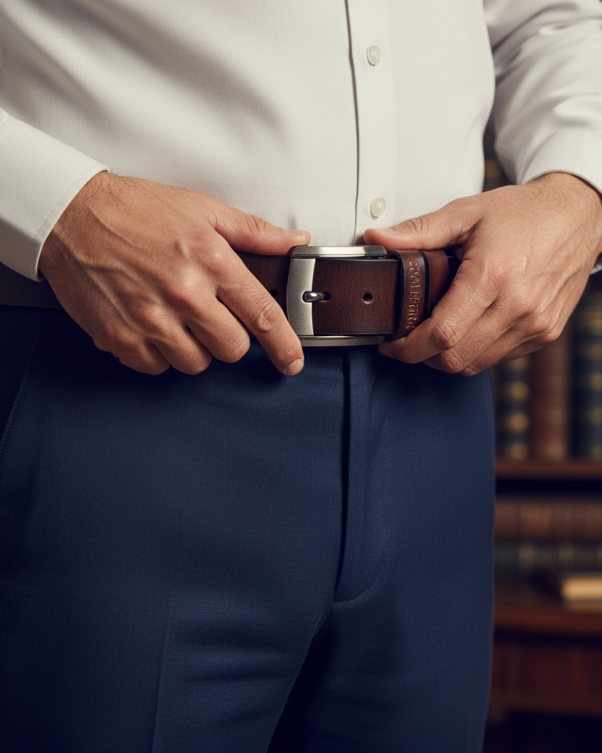 Ajuste do Cinto Masculino Couro Legítimo Brown Ashford na cintura — couro marrom legítimo com fivela metálica moderna, ideal para homens de bom gosto