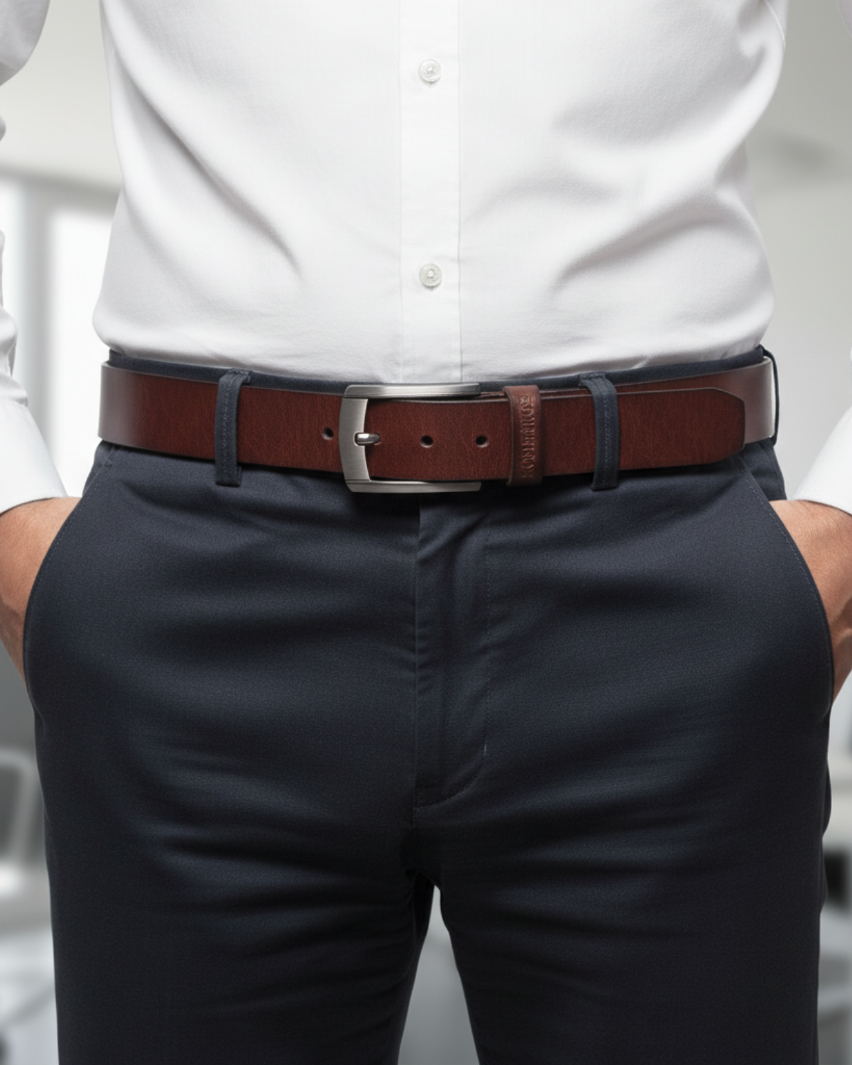 Homem usando Cinto Masculino Couro Legítimo Brown Ashford com camisa branca e calça social azul-marinho — visual clássico e refinado para o dia a dia