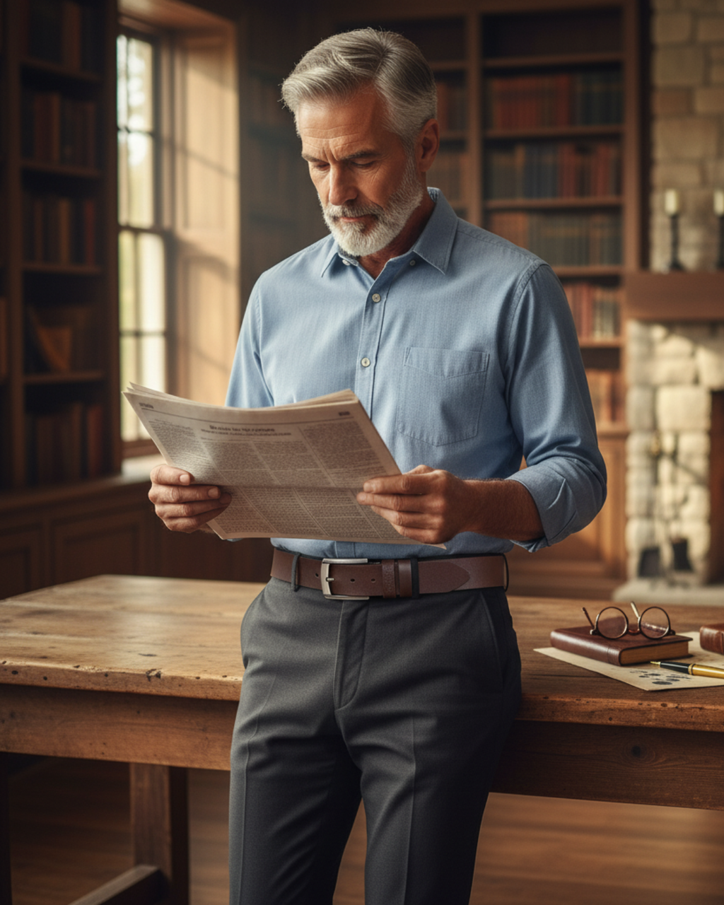 Homem lendo em poltrona de couro usando Cinto Masculino Couro Legítimo Brown Ashford — lifestyle editorial, atmosfera sofisticada e atemporal
