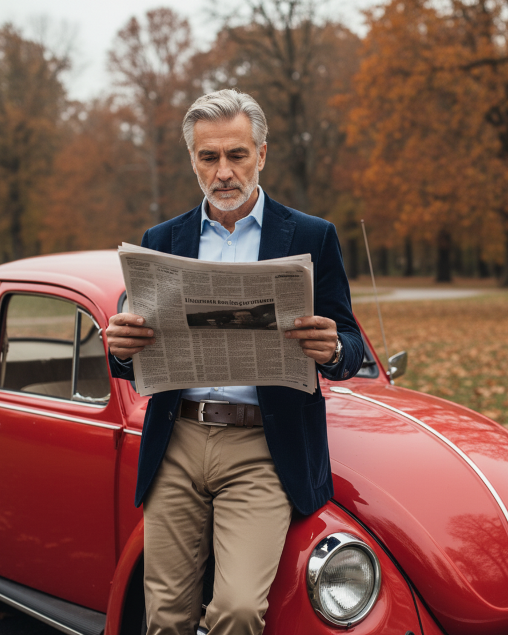 Homem de blazer bege e calça de alfaiataria cinza usando Cinto Masculino Couro Legítimo Brown Ashford ao lado de carro clássico — elegância casual e estilo europeu