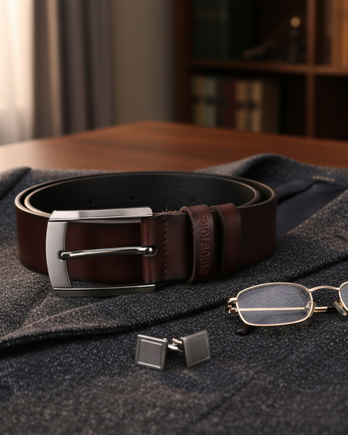 Cinto Masculino Couro Legítimo Brown Ashford sobre tecido de alfaiataria — combinação ideal com trajes formais e casuais elegantes