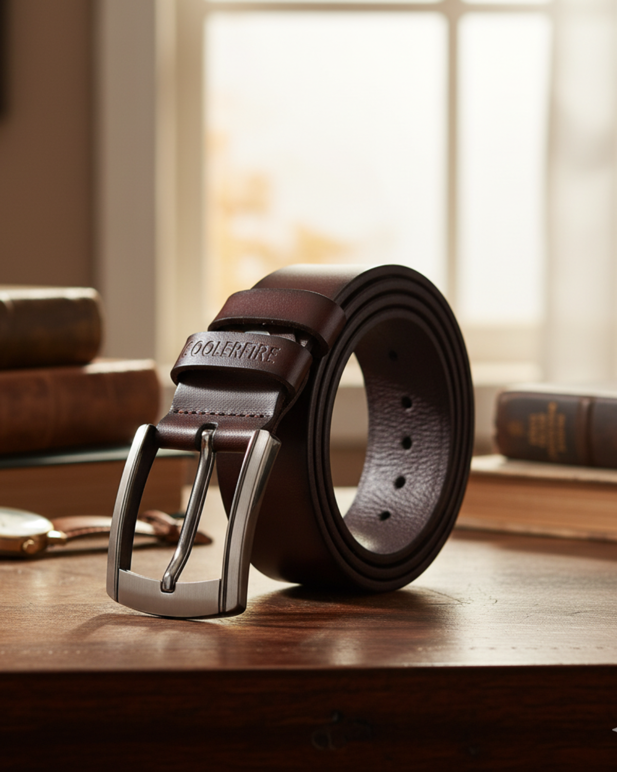 Cinto Masculino Couro Legítimo Brown Ashford sobre mesa de madeira com luz natural — acessório masculino premium em couro marrom, fivela de metal escovado, estilo clássico e sofisticado