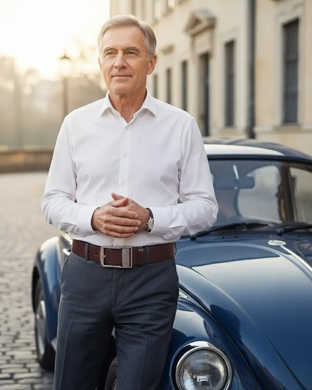 Homem de camisa branca e calça cinza usando Cinto Masculino Couro Legítimo Burgundy Royal ao lado de carro clássico azul — estilo europeu e atemporal