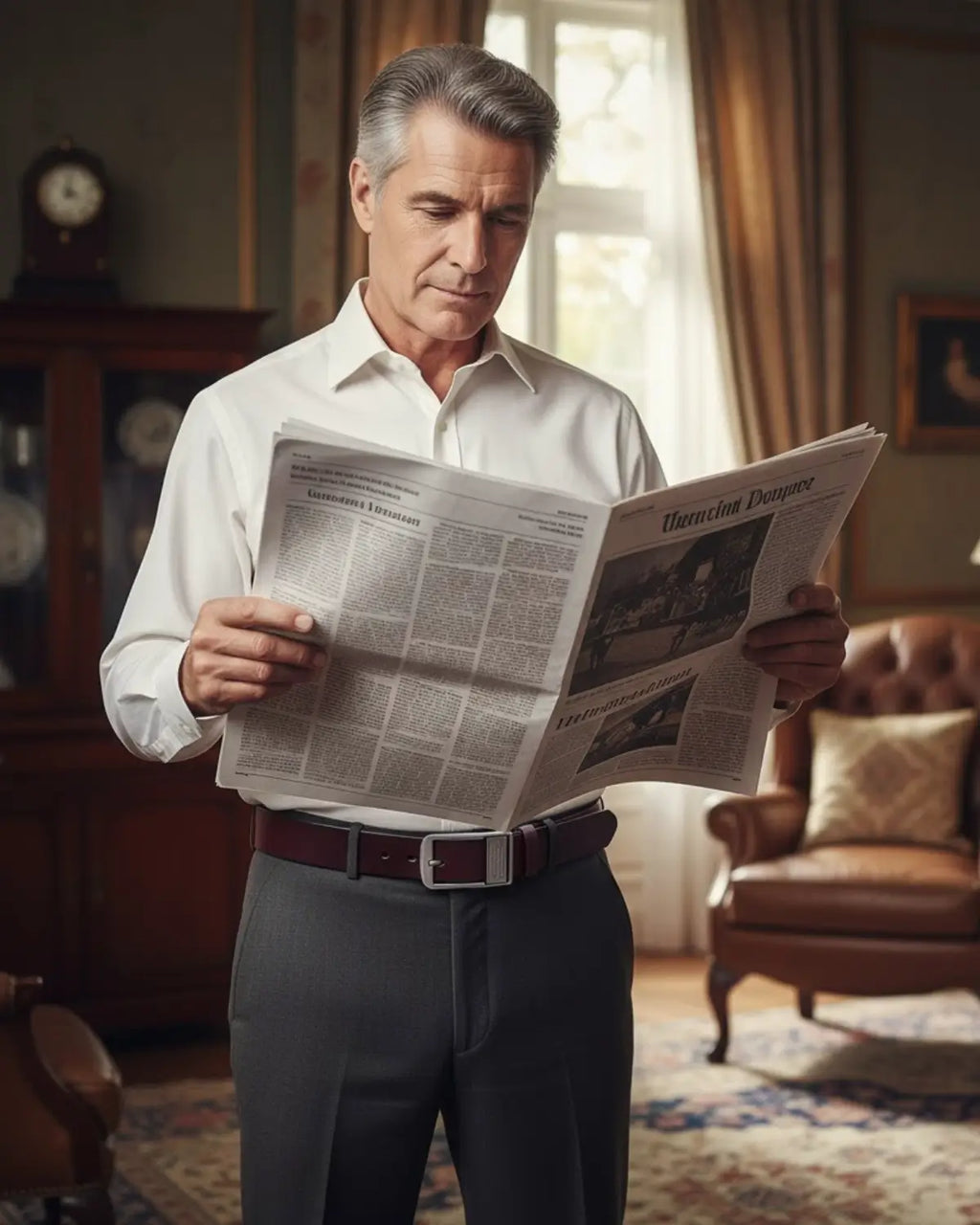 Homem lendo jornal em ambiente clássico usando Cinto Masculino Couro Legítimo Burgundy Royal — elegância discreta e masculina