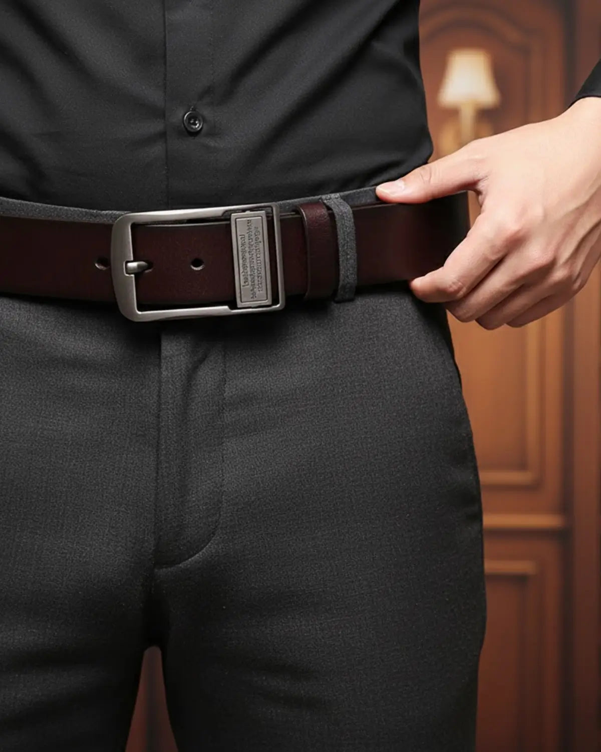 Homem com camisa preta ajustando o Cinto Masculino Couro Legítimo Burgundy Royal — estilo moderno e sofisticado