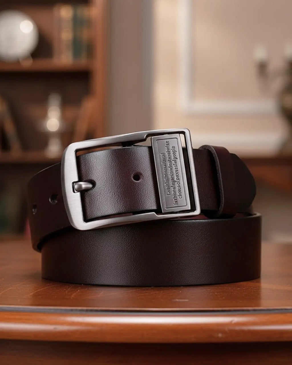 Cinto Masculino de Couro Legítimo Burgundy Royal com fivela metálica escovada sobre mesa de madeira — design refinado e acabamento premium