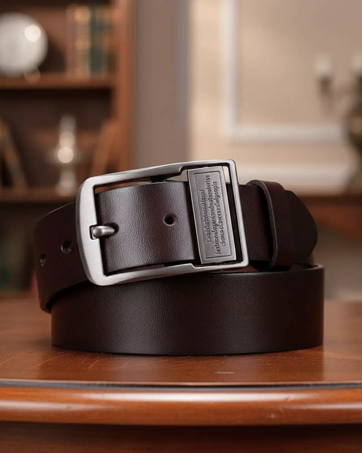 Cinto Masculino de Couro Legítimo Burgundy Royal com fivela metálica escovada sobre mesa de madeira — design refinado e acabamento premium