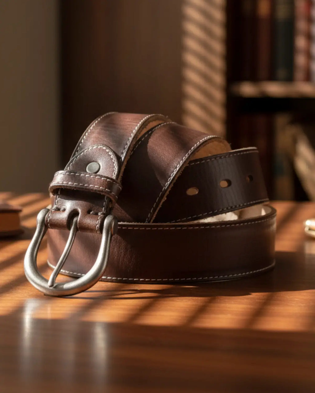 Cinto masculino de couro legítimo marrom Coffee Hamilton sobre mesa de madeira com luz natural