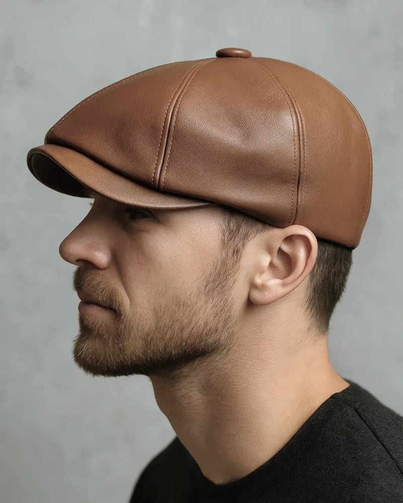 Close lateral de homem jovem com boina italiana de couro marrom em fundo cinza texturizado, estilo retrato editorial