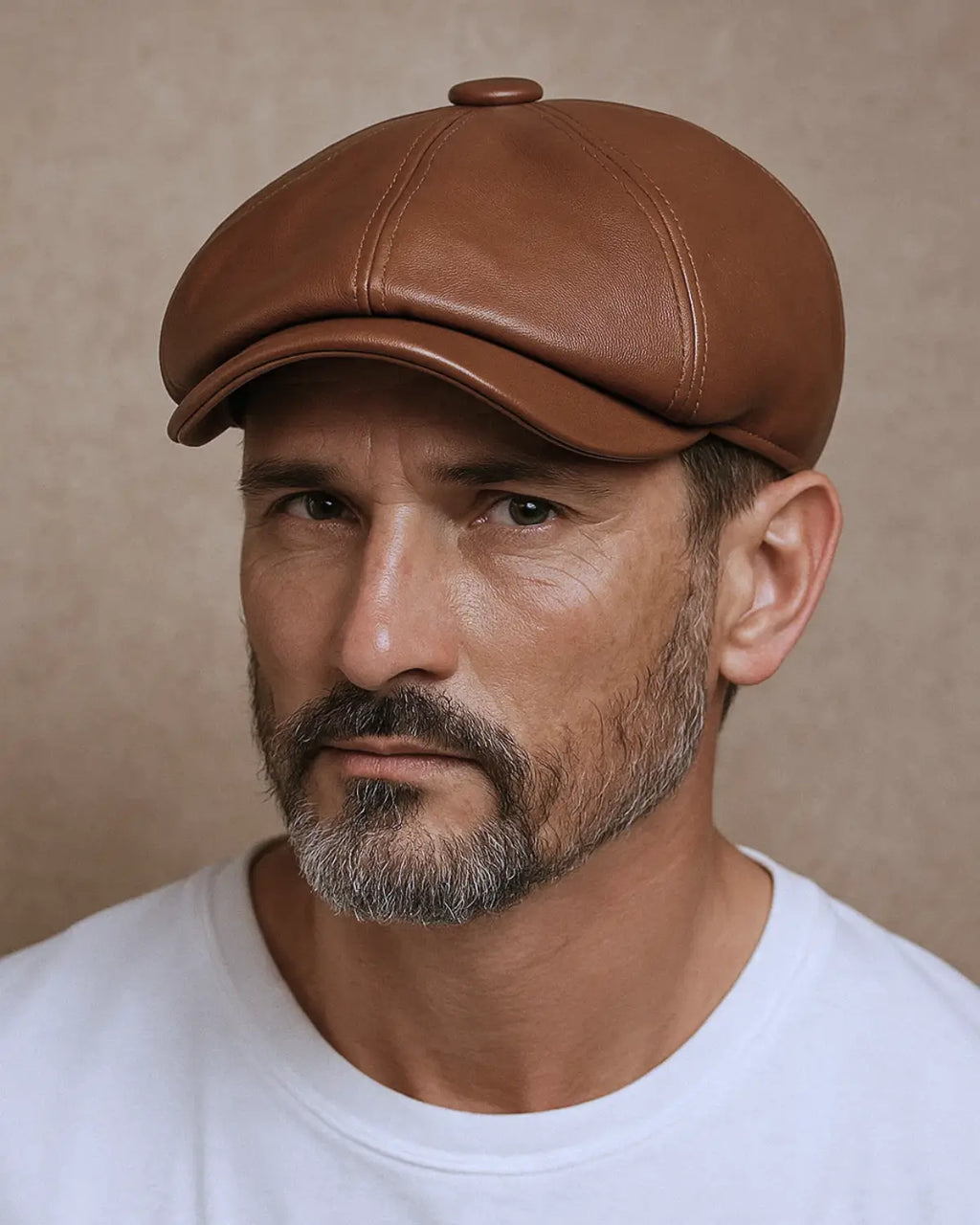 Close frontal de homem maduro usando boina italiana de couro marrom com expressão imponente e fundo neutro
