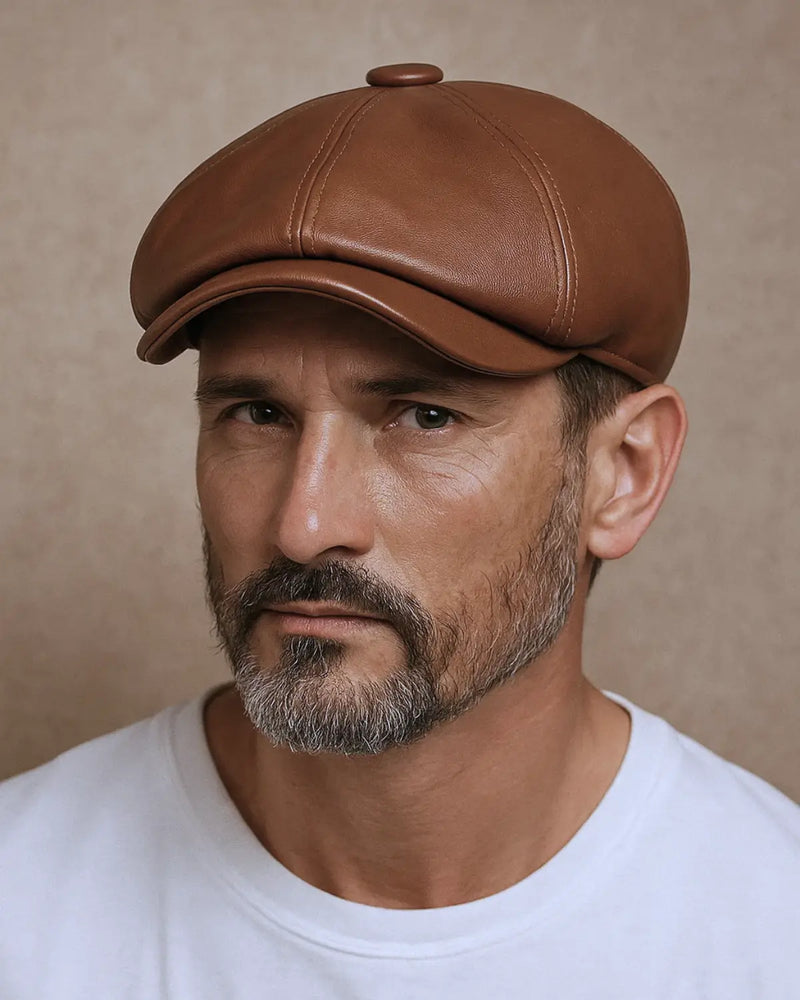 Close frontal de homem maduro usando boina italiana de couro marrom com expressão imponente e fundo neutro