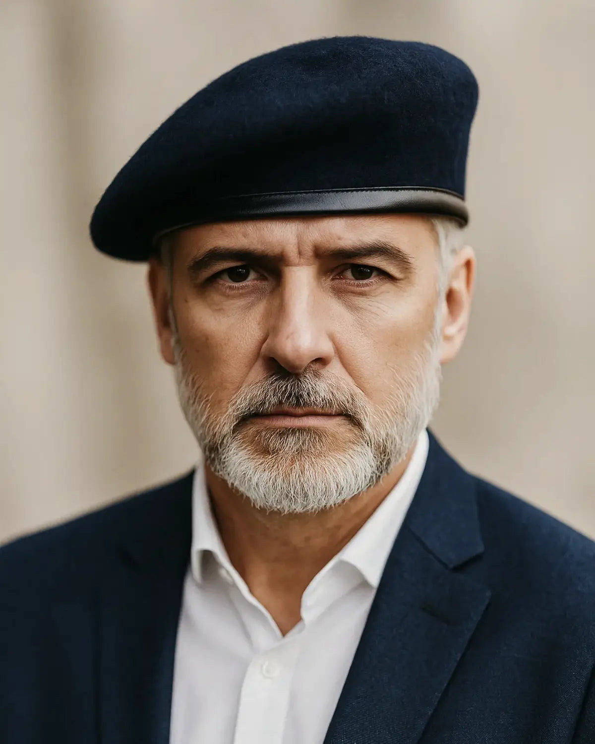 Close-up frontal de homem maduro com Boina Masculina Francesa de Lã Ajustável Navy Blue, expressão confiante e autoridade.