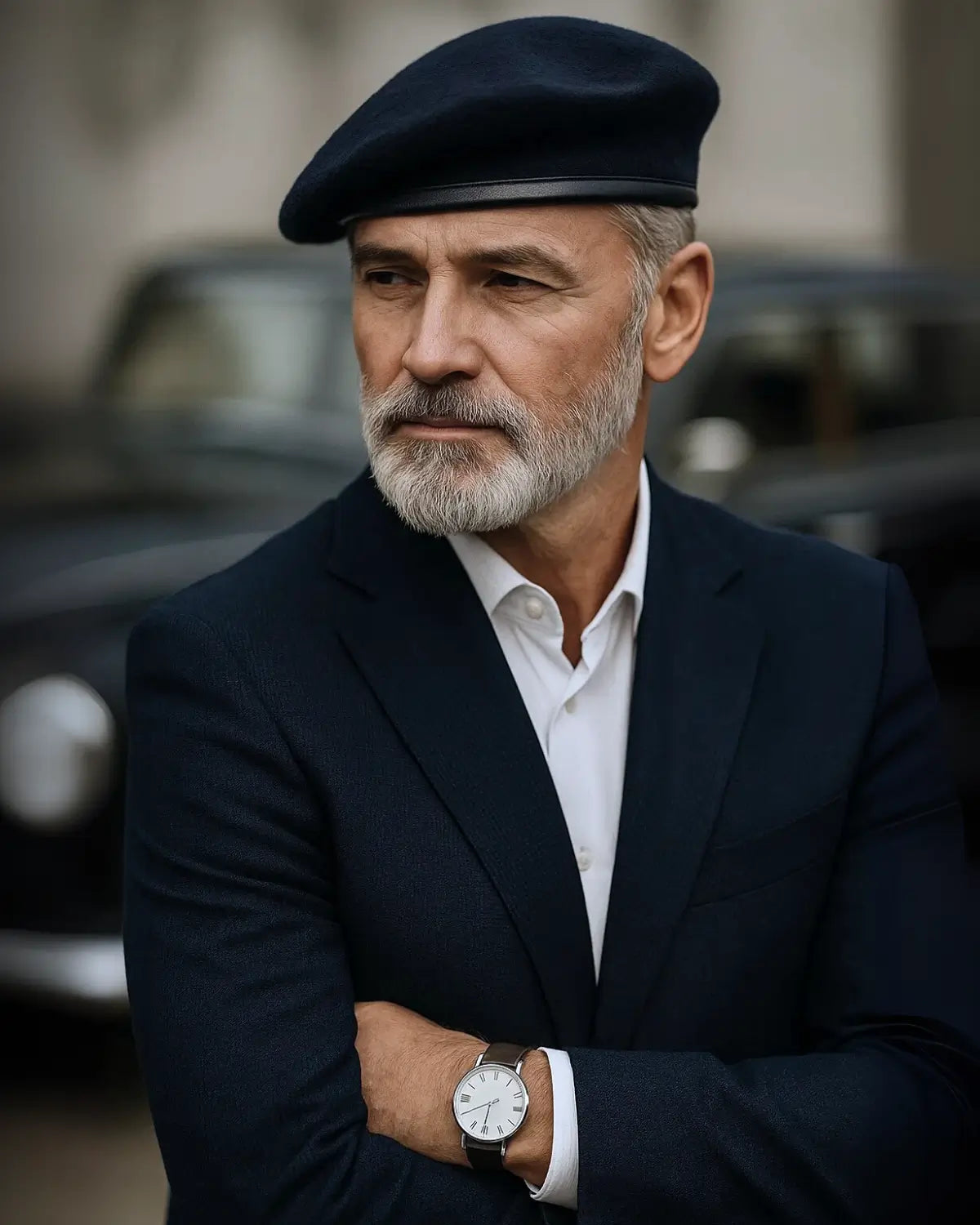 Close-up lateral de homem com Boina Masculina Francesa de Lã Navy Blue combinando com terno elegante – estilo clássico atemporal.