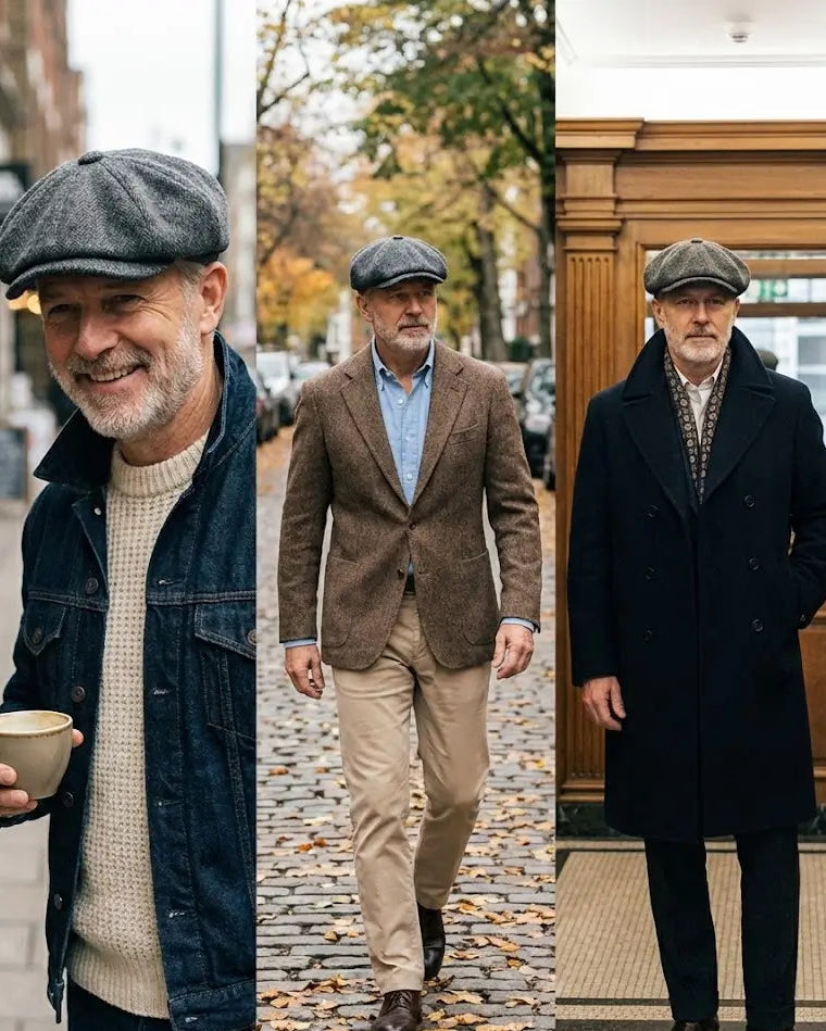 Homem maduro vestindo a boina italiana Newsboy Cappel em três estilos: casual com jaqueta jeans, esporte fino com blazer de tweed e formal com sobretudo de lã. Guia de estilo para boinas masculinas volumosas (estilo Peaky Blinders).