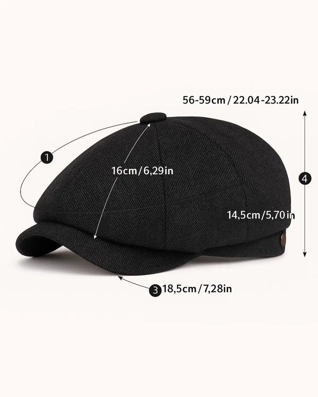 Diagrama técnico com as dimensões da Boina estilo Peaky Blinders. Indica circunferência ajustável de 56 a 58cm, altura de 12cm e comprimento total de 25cm. Especifica material em poliéster.